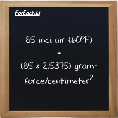 Cara konversi inci air (60<sup>o</sup>F) ke gram-force/centimeter<sup>2</sup> (inH20 ke gf/cm<sup>2</sup>): 85 inci air (60<sup>o</sup>F) (inH20) setara dengan 85 dikalikan dengan 2.5375 gram-force/centimeter<sup>2</sup> (gf/cm<sup>2</sup>)